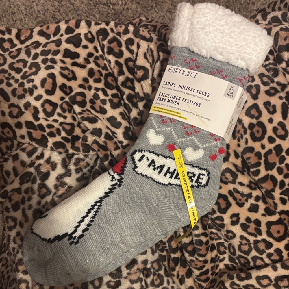 Gray Holiday Slipper Socks with Slip Resistant Dots